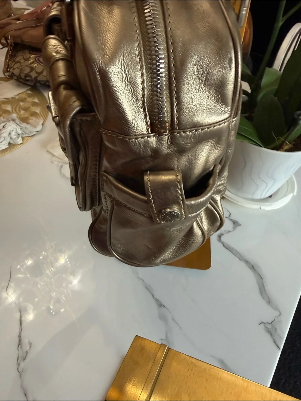 Vintage Michael Kors Metallic Gold Ranger Satchel Bag Y2K Moto Pocket Doctor